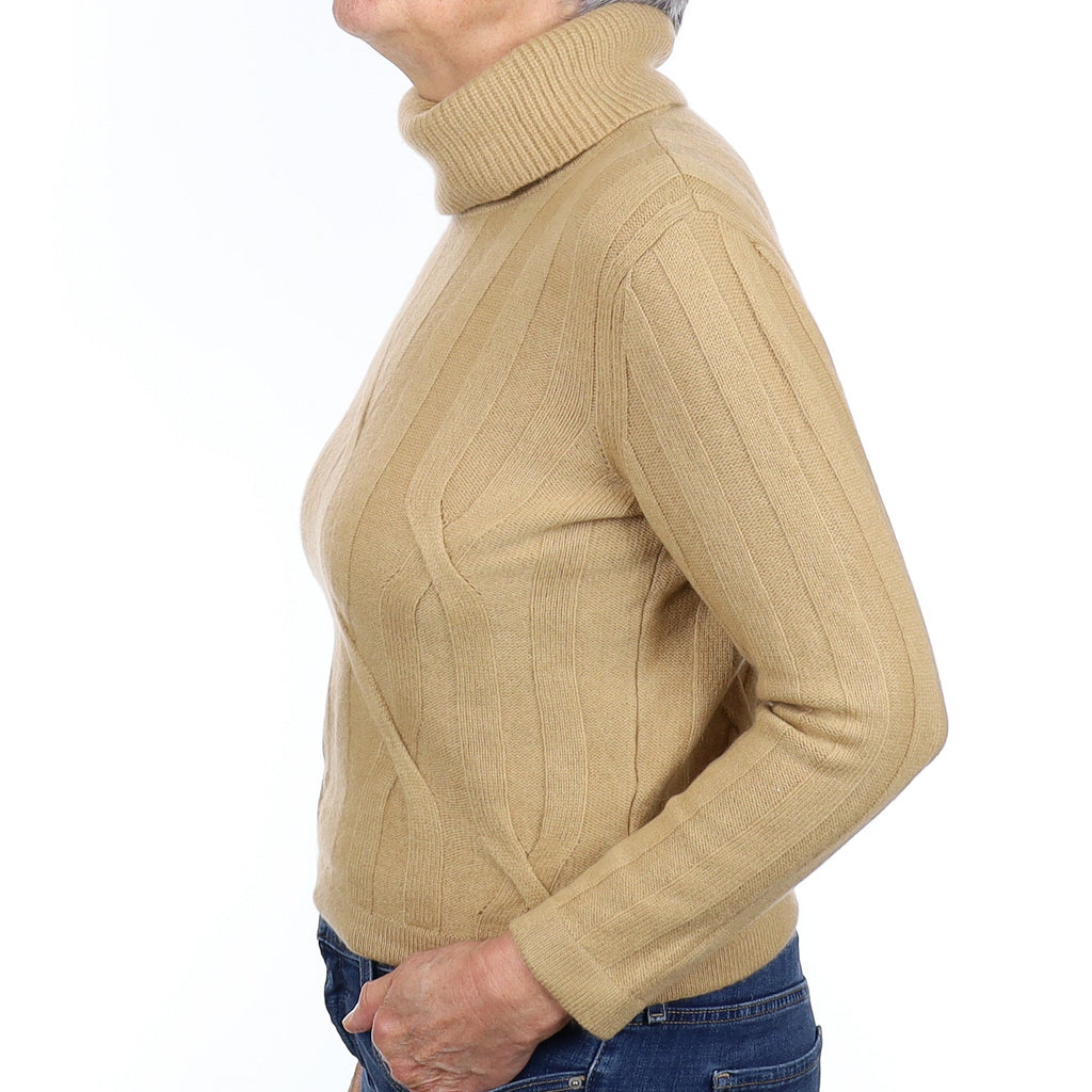 Caramel Textured Cashmere Polo Neck Jumper Medium