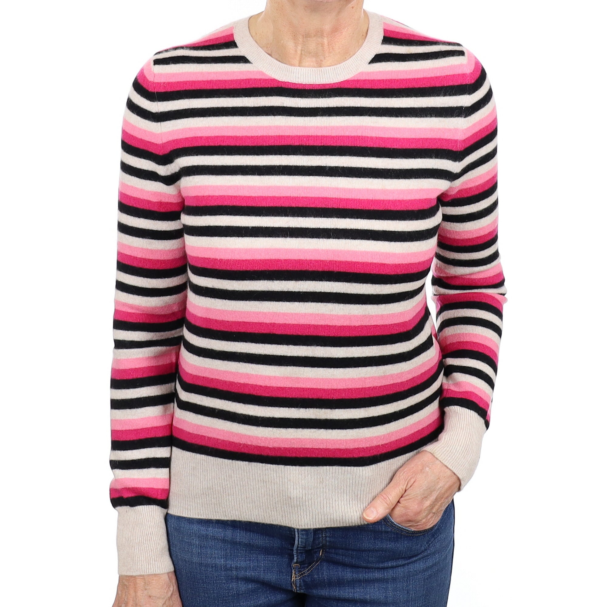 Oatmeal and Pink Stripe Cashmere Crew Neck Jumper Medium