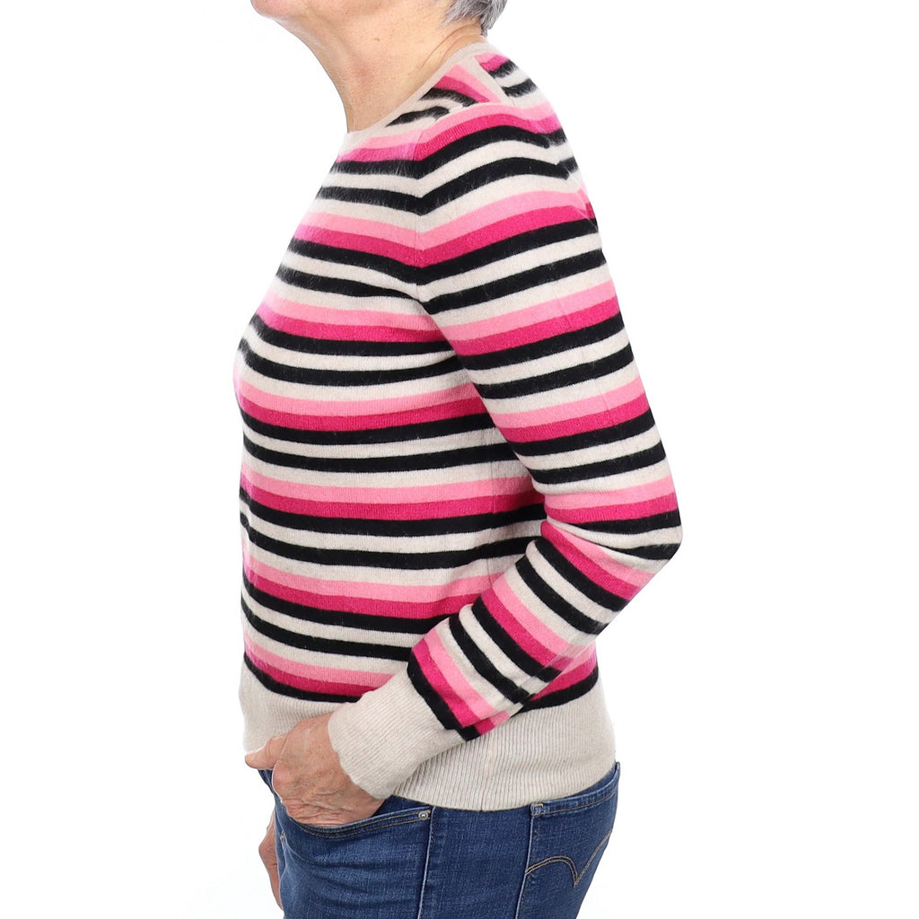 Oatmeal and Pink Stripe Cashmere Crew Neck Jumper Medium