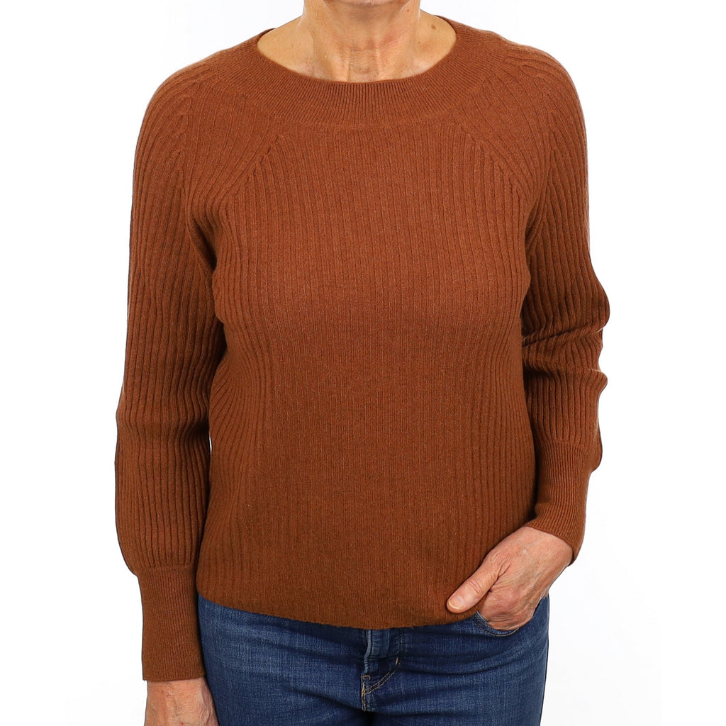 Chestnut Rib Cashmere Wide Crew Neck Jumper Medium