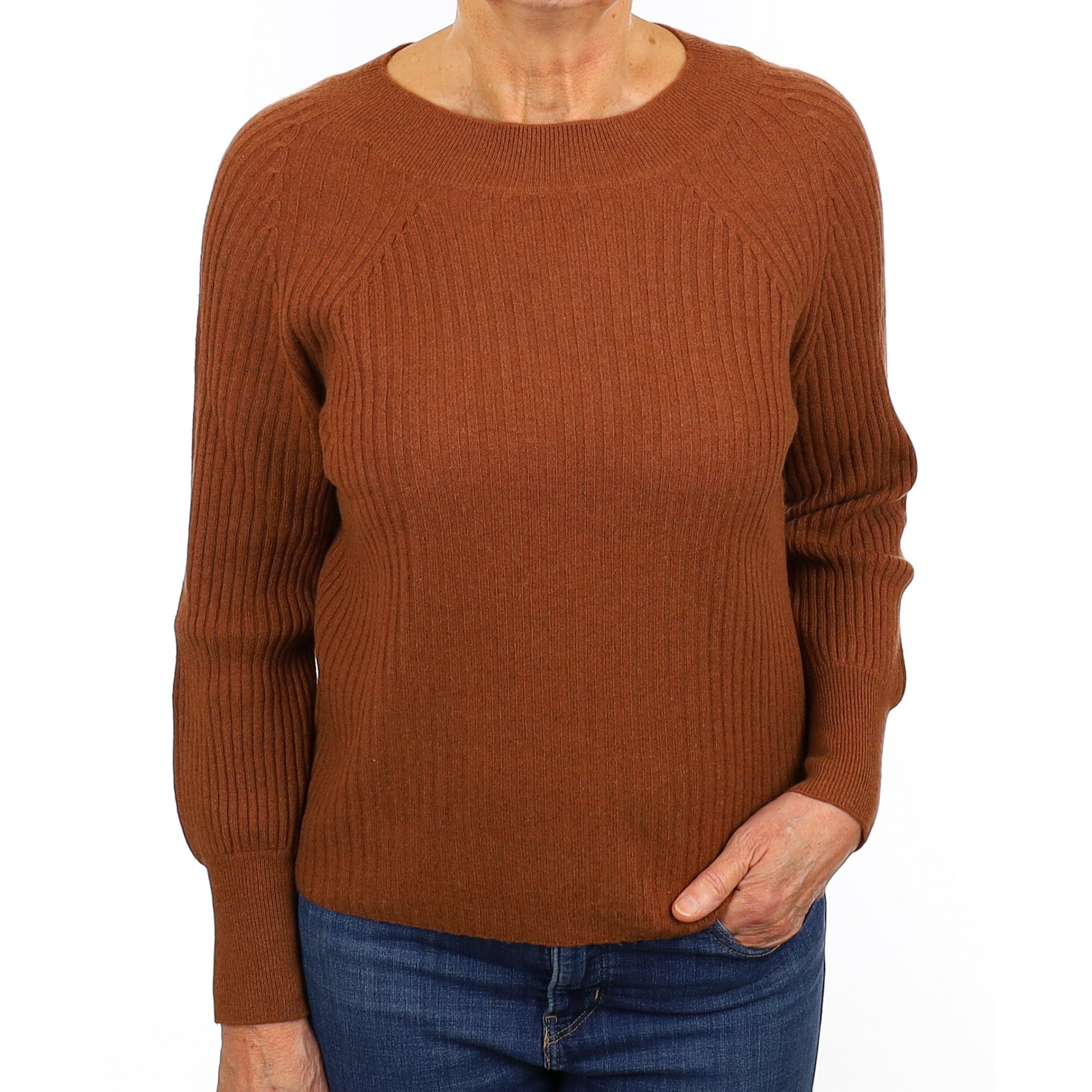 Chestnut Rib Cashmere Wide Crew Neck Jumper Medium