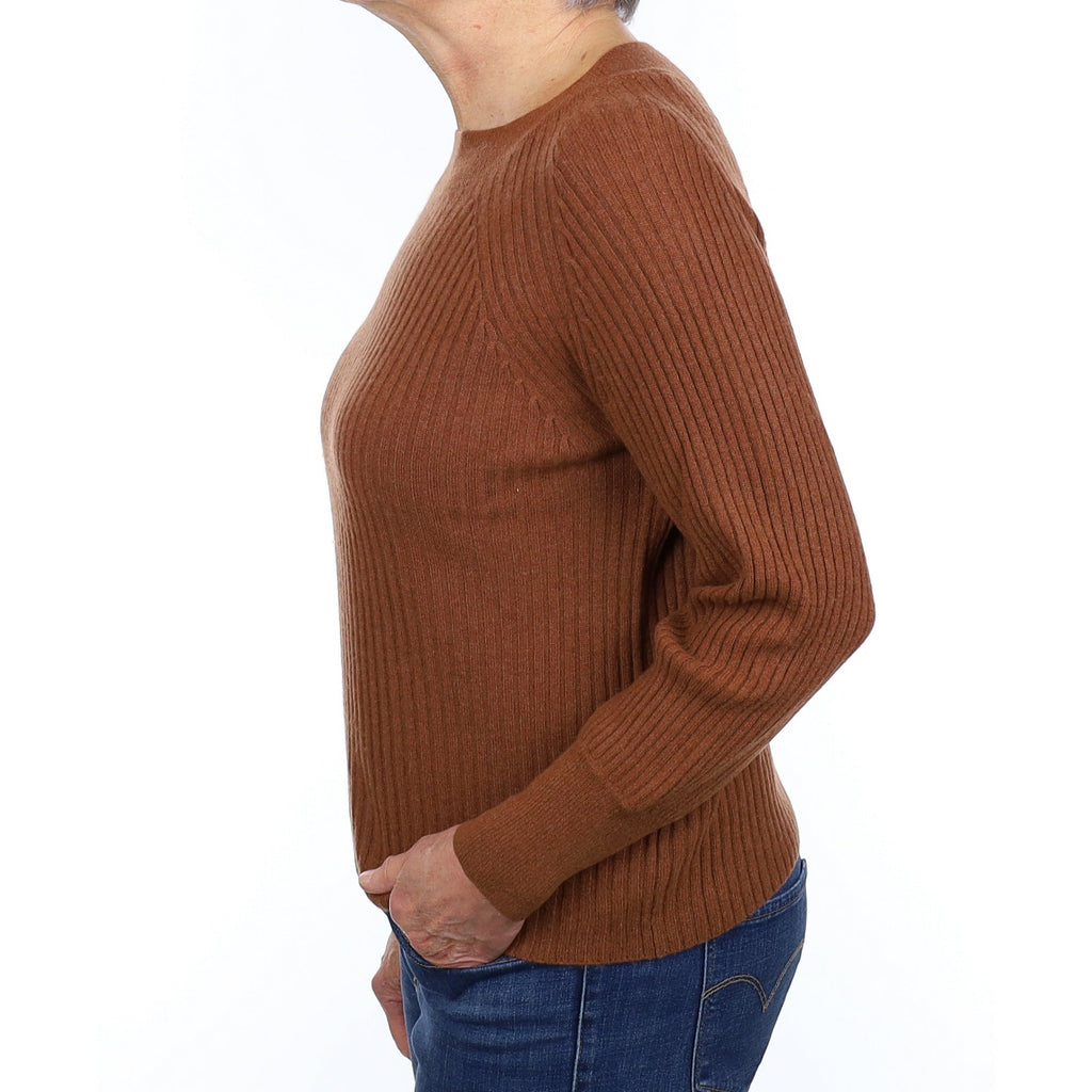 Chestnut Rib Cashmere Wide Crew Neck Jumper Medium