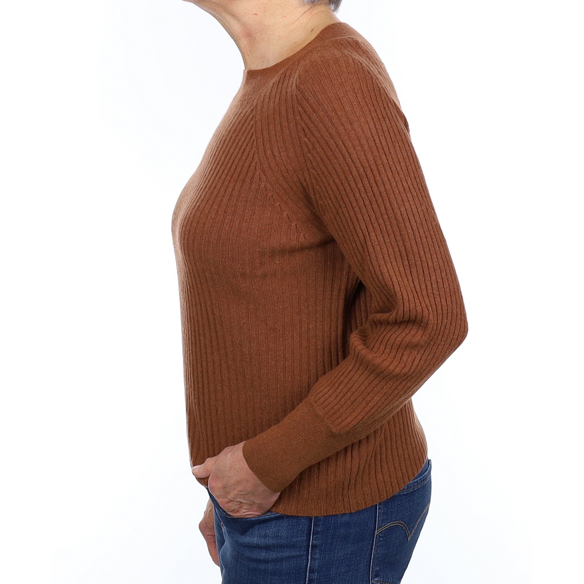 Chestnut Rib Cashmere Wide Crew Neck Jumper Medium