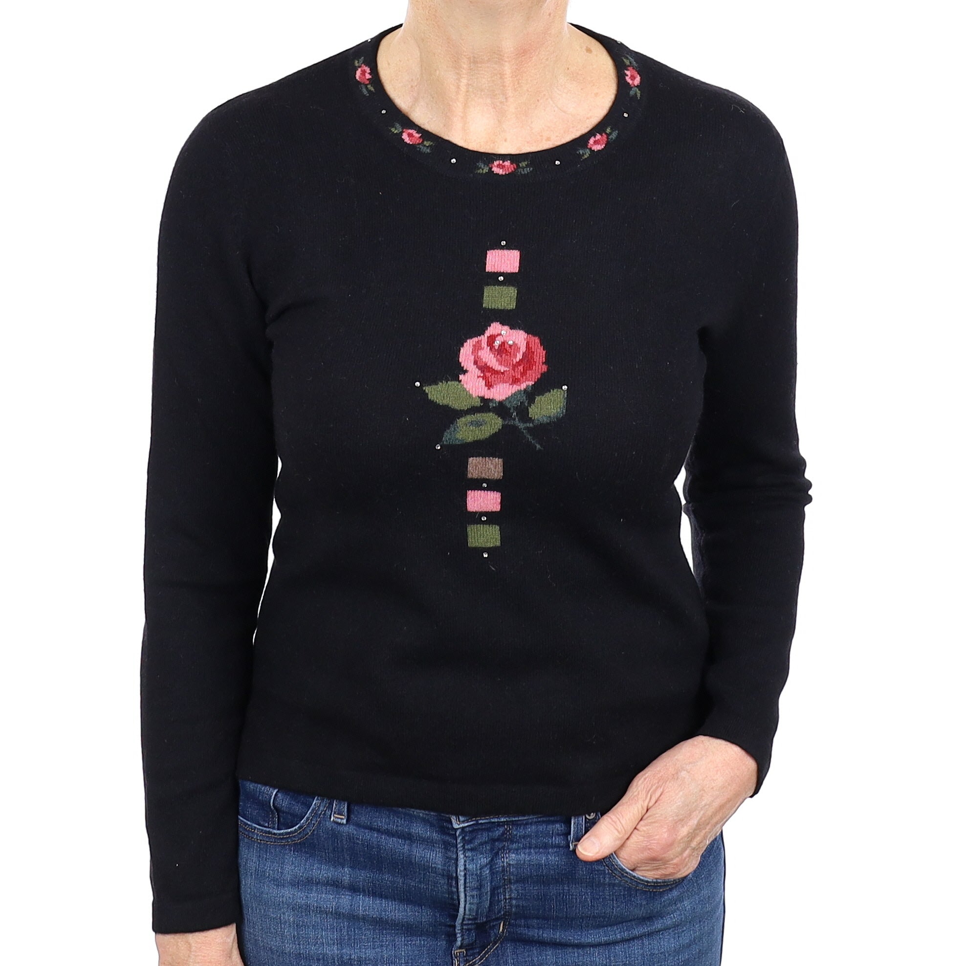 Black Floral Cashmere Crew Neck Jumper Medium
