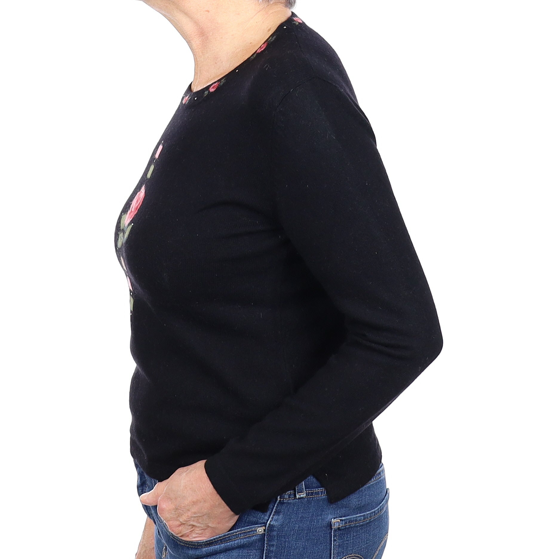 Black Floral Cashmere Crew Neck Jumper Medium