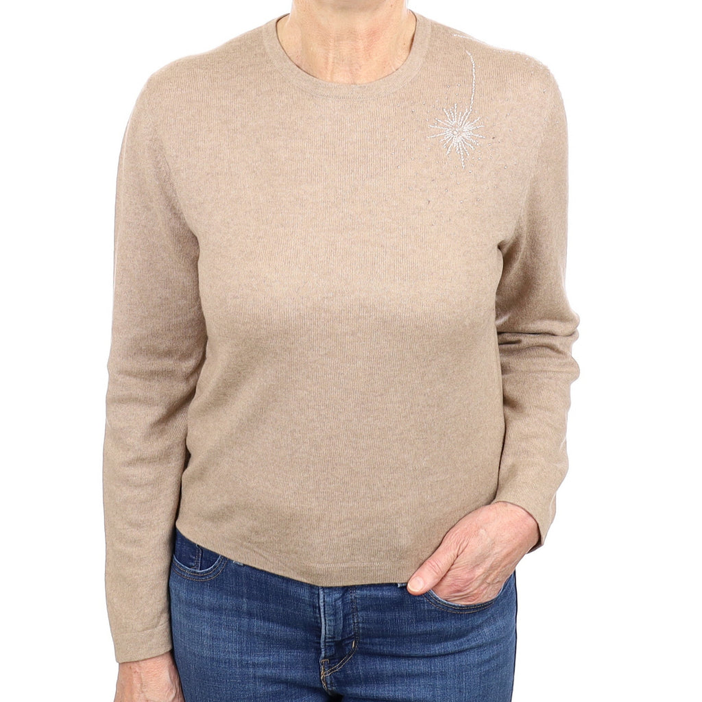 Italian Taupe Embellished Cashmere Crew Neck Jumper Medium