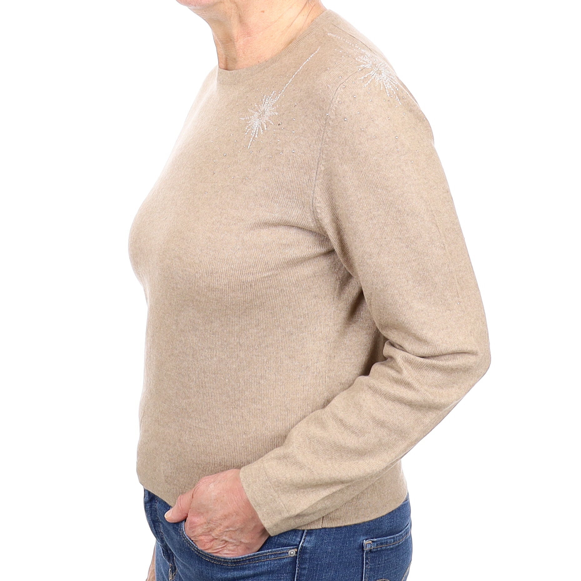 Italian Taupe Embellished Cashmere Crew Neck Jumper Medium
