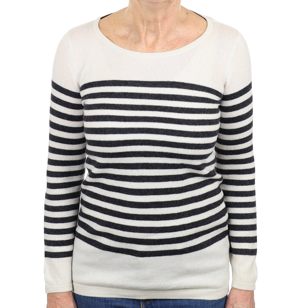 Alabaster and Grey Stripe Cashmere Crew Neck Jumper Medium