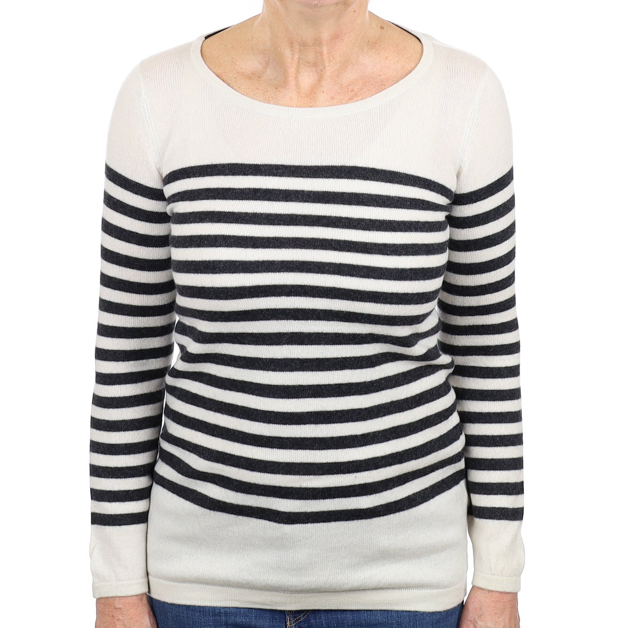 Alabaster and Grey Stripe Cashmere Crew Neck Jumper Medium