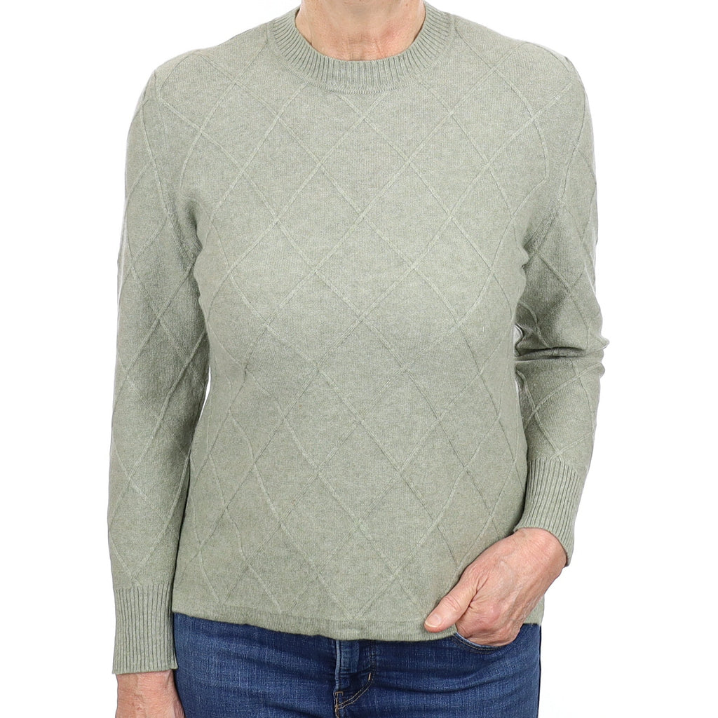 Sage Green Diamond Knit Cashmere Crew Neck Jumper Medium