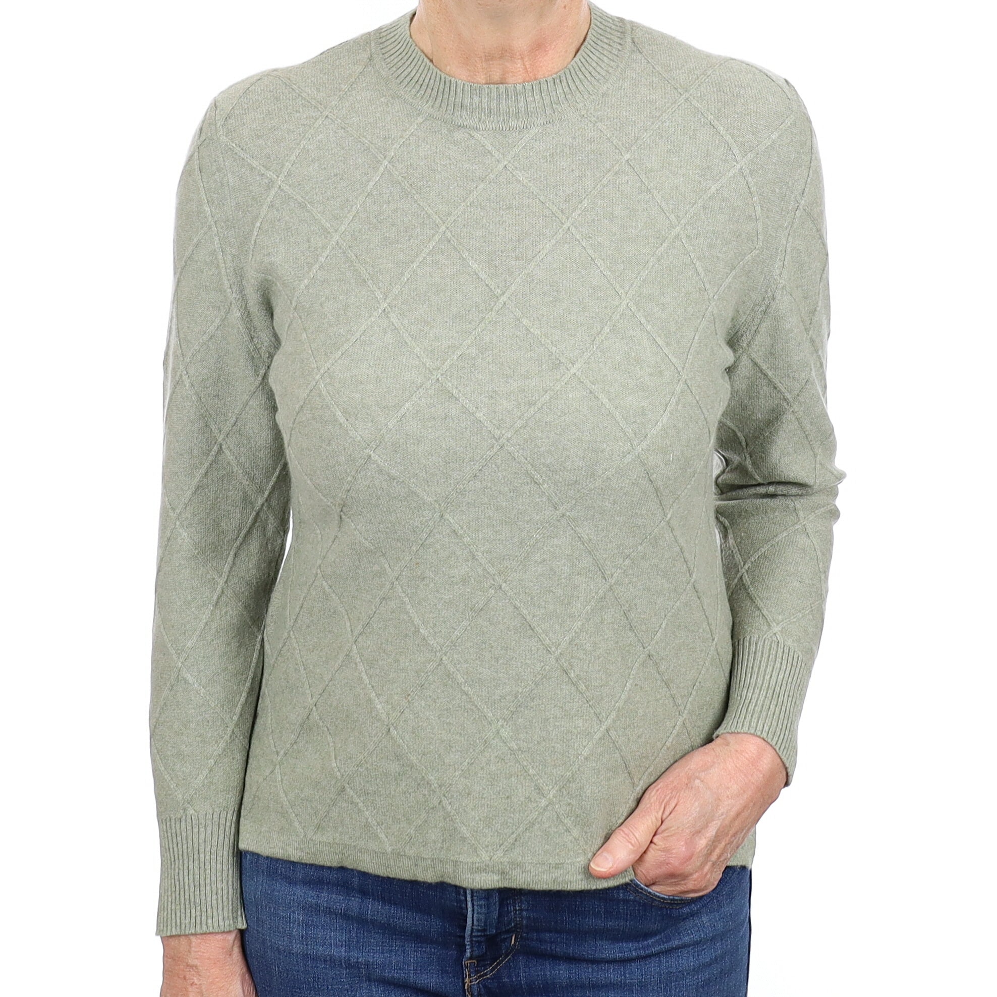 Sage Green Diamond Knit Cashmere Crew Neck Jumper Medium