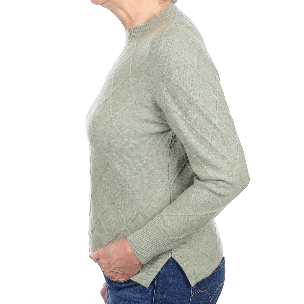 Sage Green Diamond Knit Cashmere Crew Neck Jumper Medium