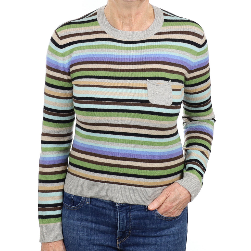 Grey Multicolour Stripe Cashmere Crew Neck Jumper Medium