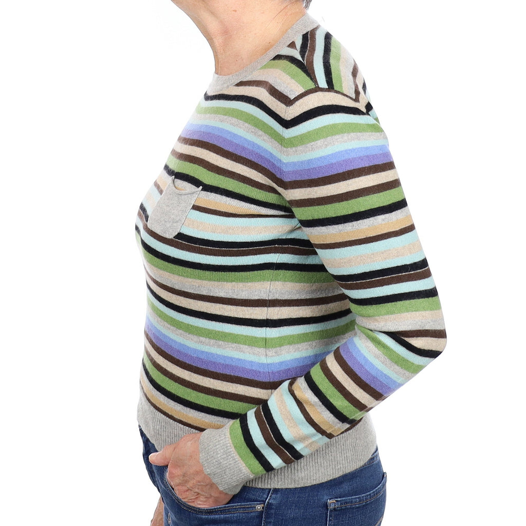 Grey Multicolour Stripe Cashmere Crew Neck Jumper Medium