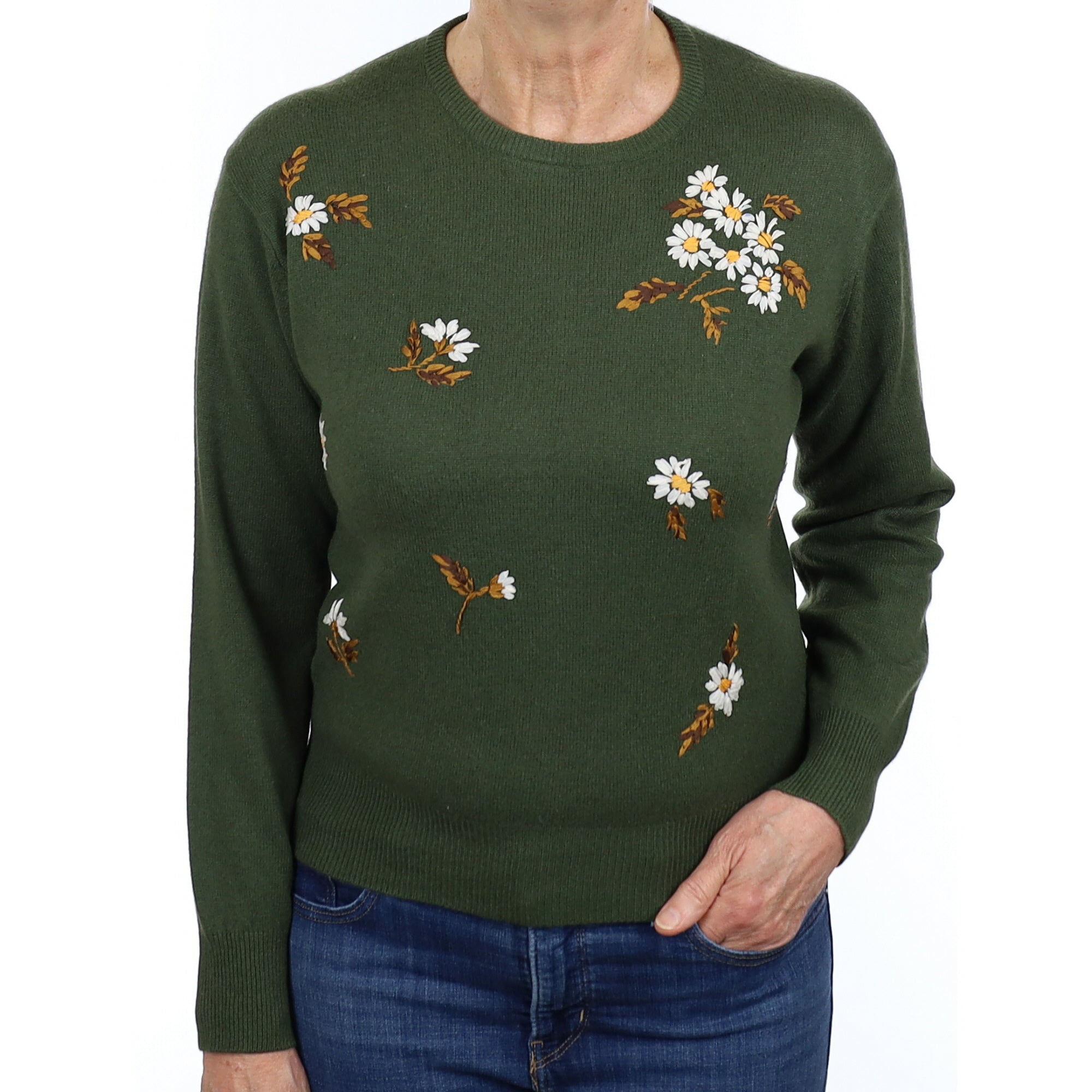 Pine Green Floral Cashmere Crew Neck Jumper Medium