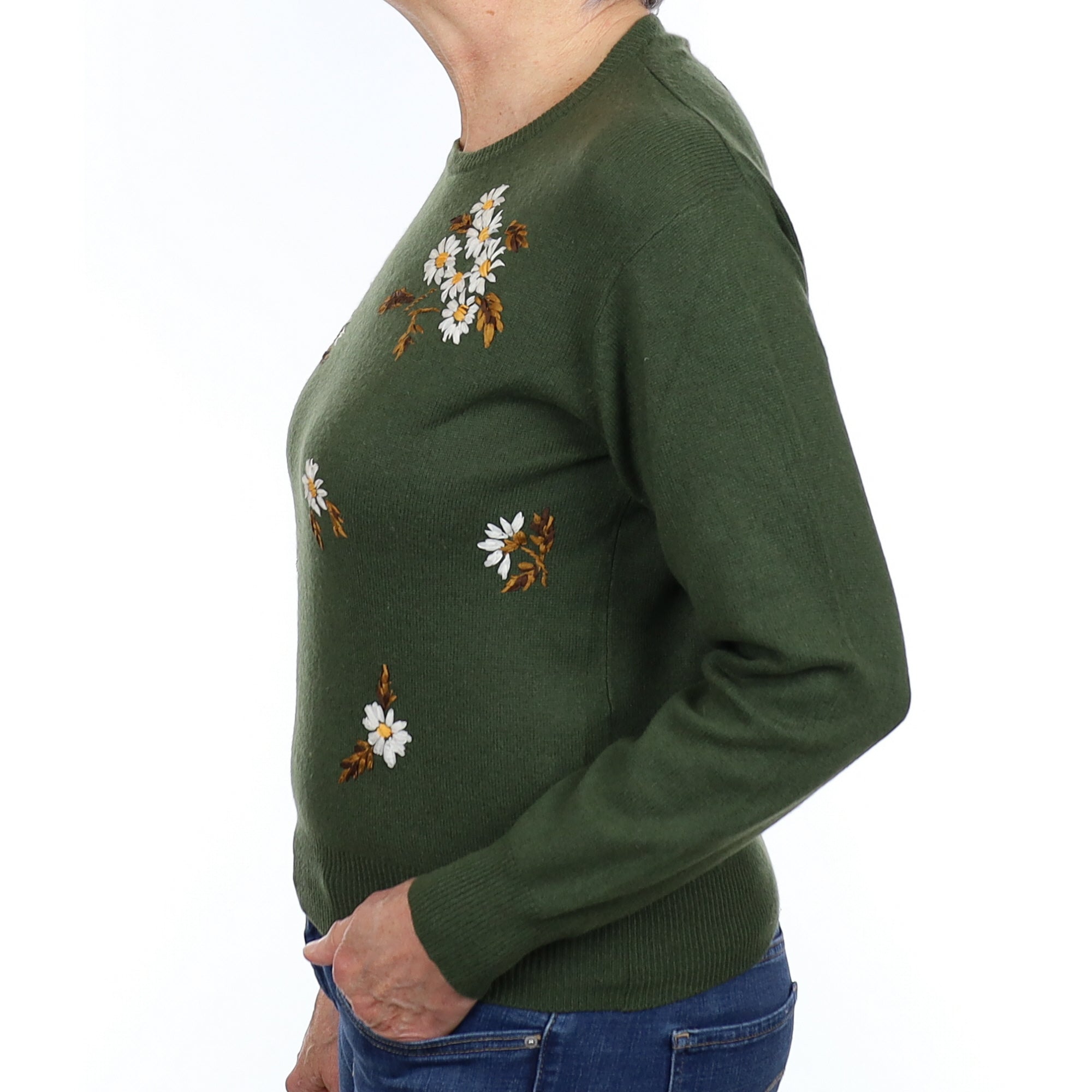 Pine Green Floral Cashmere Crew Neck Jumper Medium