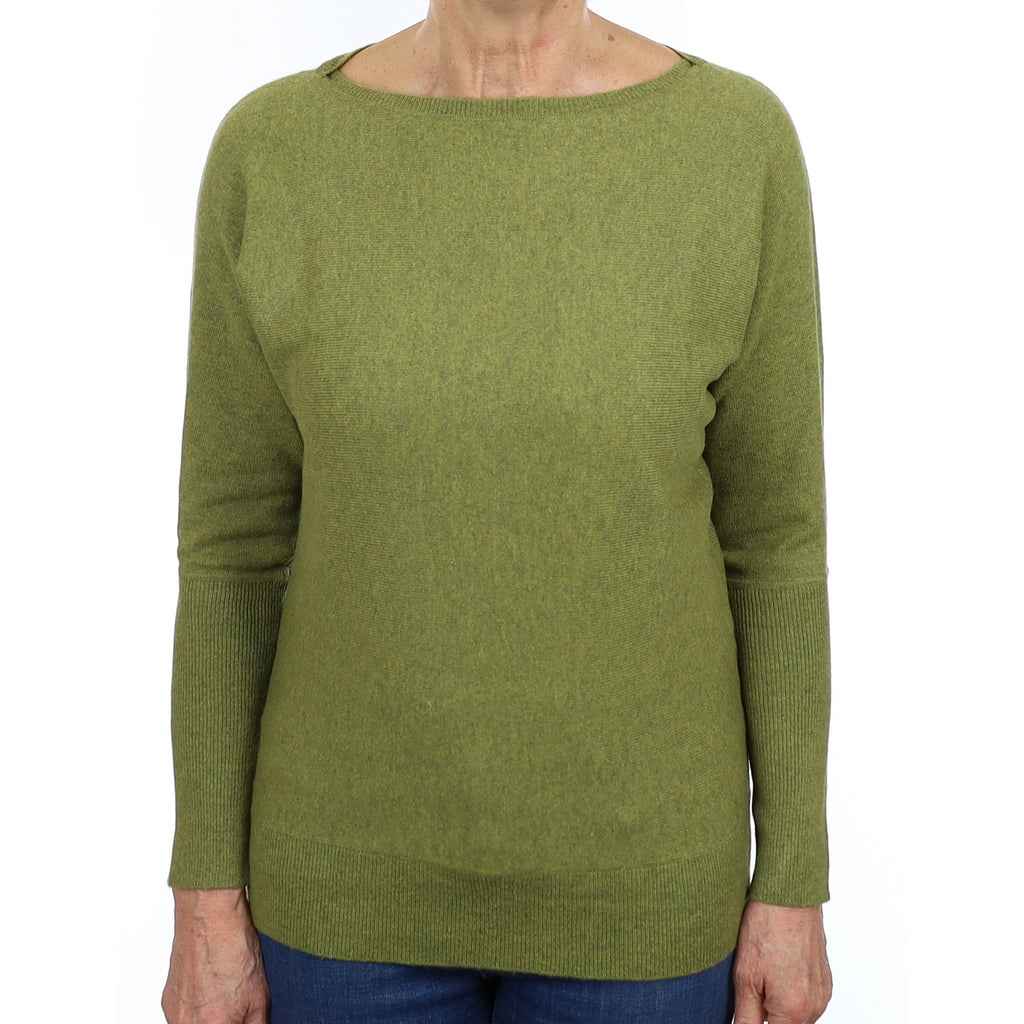 Moss Green Marl Cashmere Batwing Boat Neck Jumper Medium