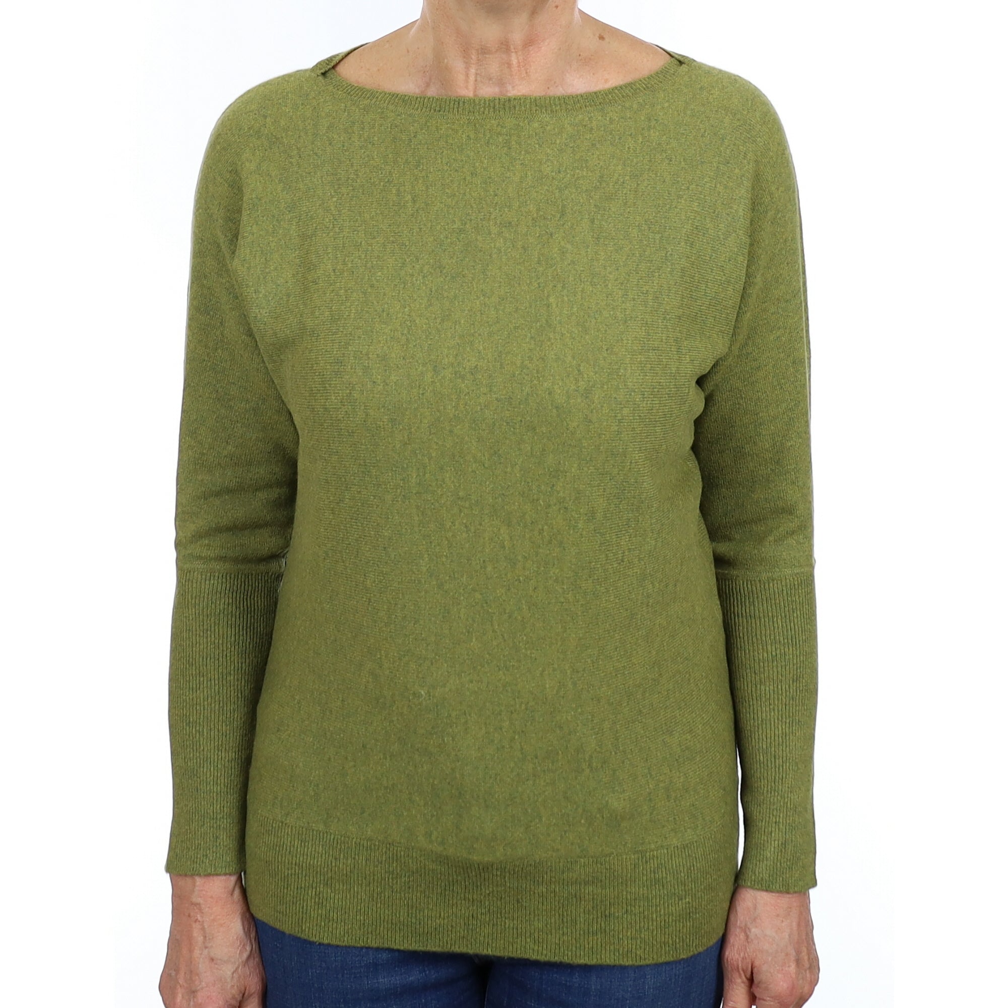 Moss Green Marl Cashmere Batwing Boat Neck Jumper Medium