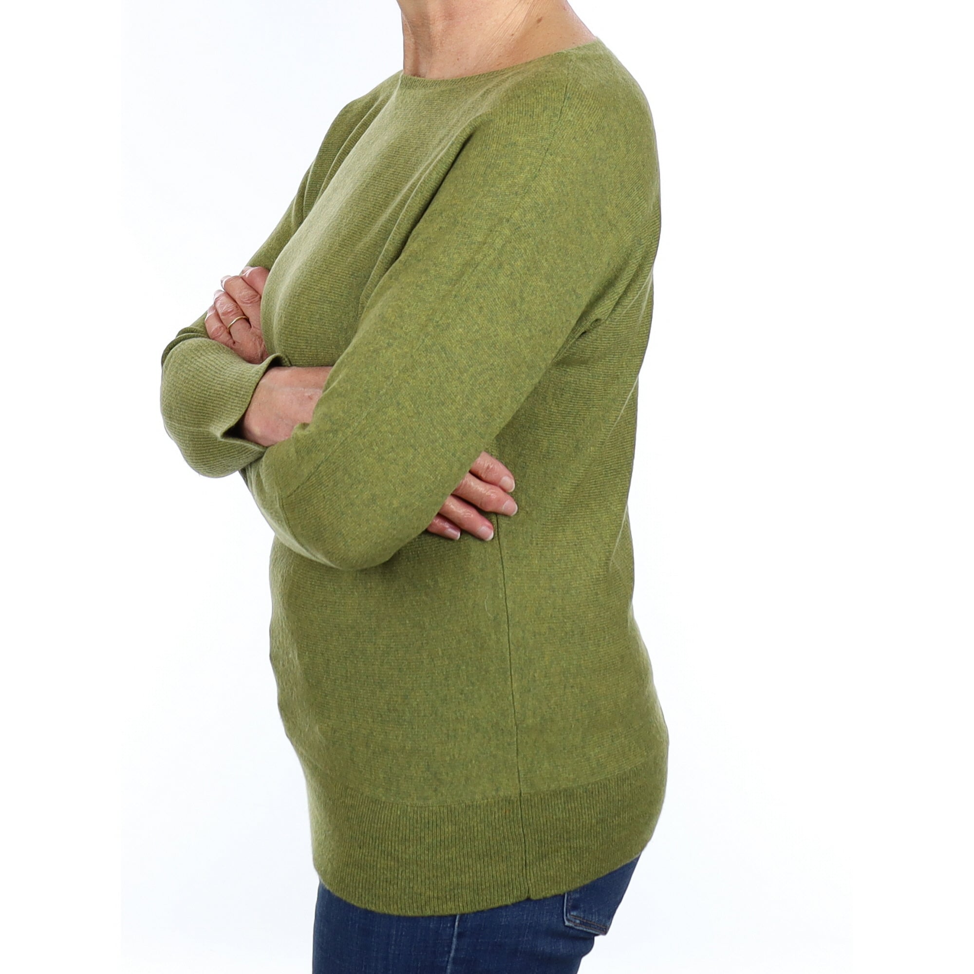Moss Green Marl Cashmere Batwing Boat Neck Jumper Medium