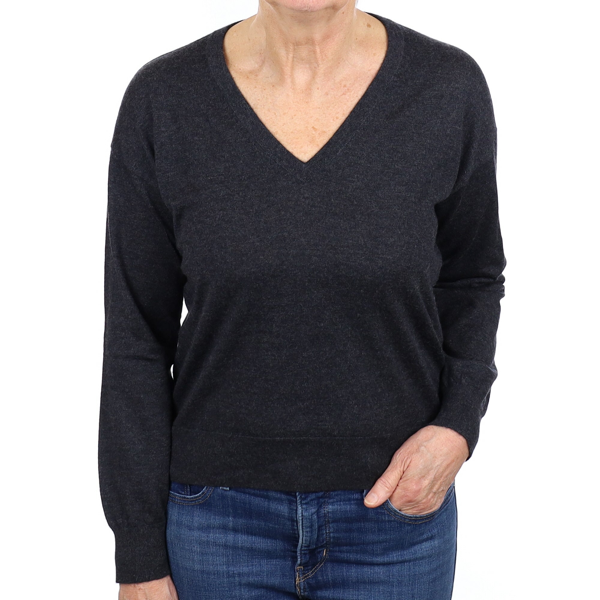 Charcoal Grey Cashmere V Neck Jumper Medium