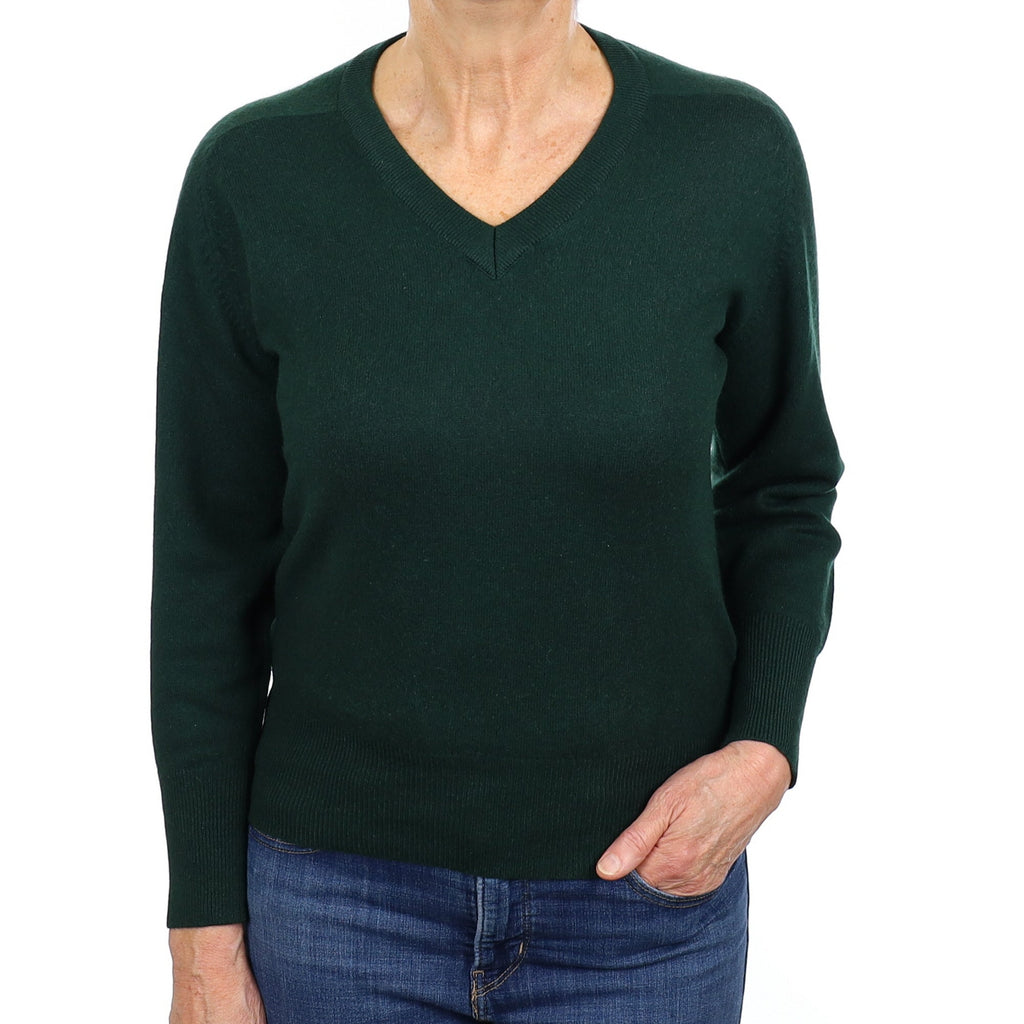 Bottle Green Cashmere V Neck Jumper Medium