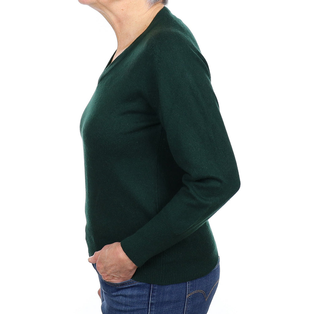 Bottle Green Cashmere V Neck Jumper Medium