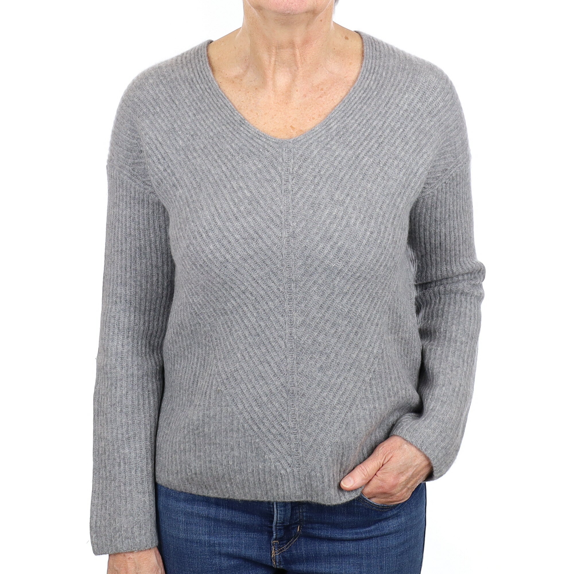 Ash Grey Ribbed Chunky Knit Cashmere V Neck Jumper Medium
