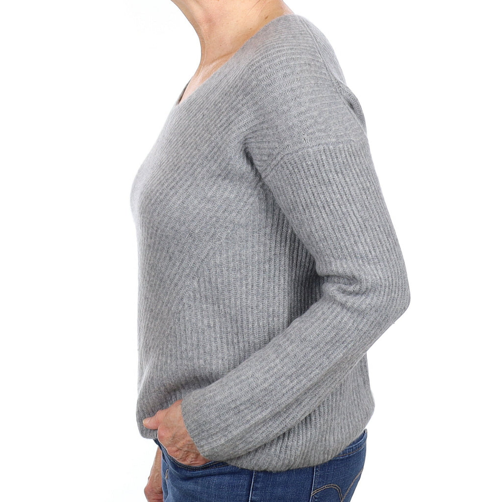 Ash Grey Ribbed Chunky Knit Cashmere V Neck Jumper Medium