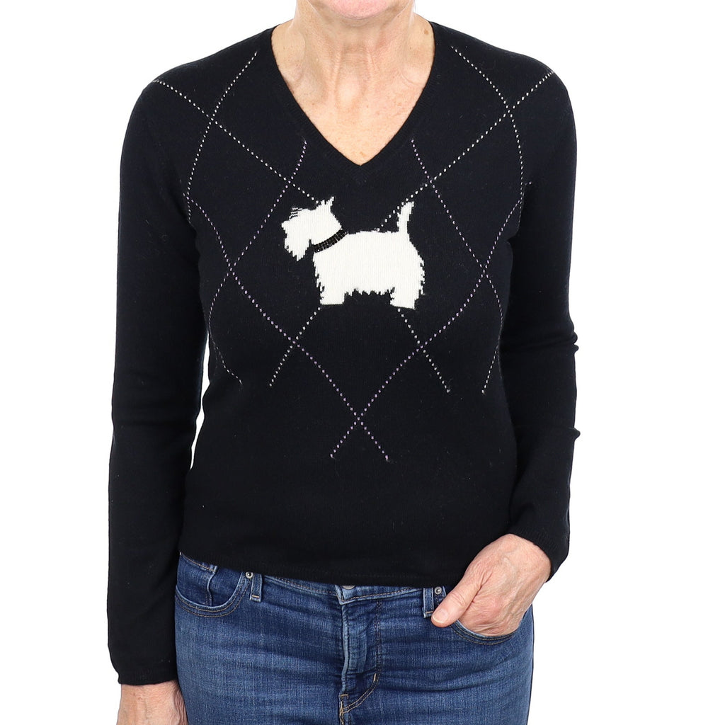 Black Scotty Dog Cashmere V Neck Jumper Medium