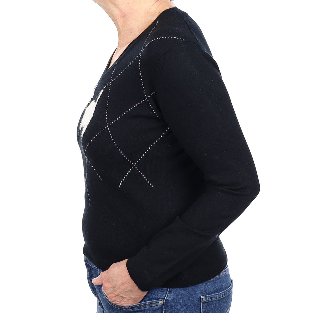 Black Scotty Dog Cashmere V Neck Jumper Medium