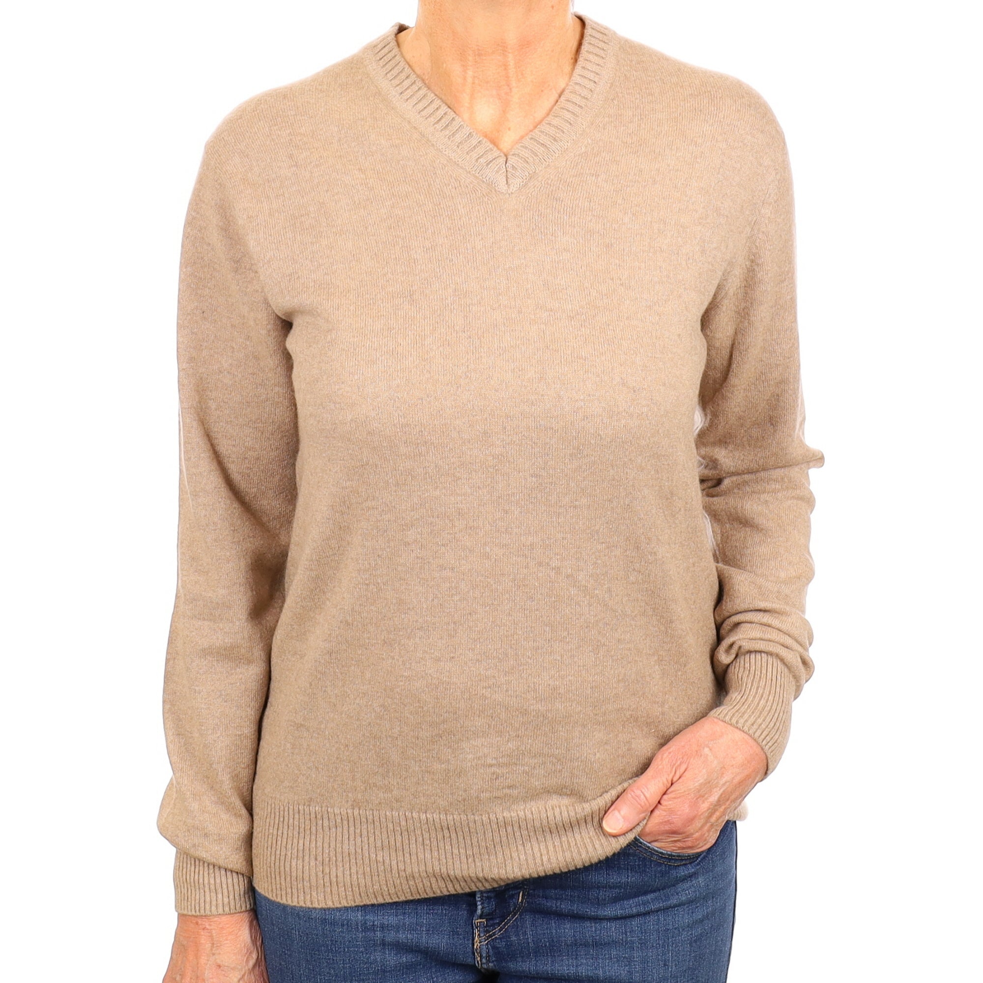 Taupe Brown Cashmere V Neck Jumper Medium