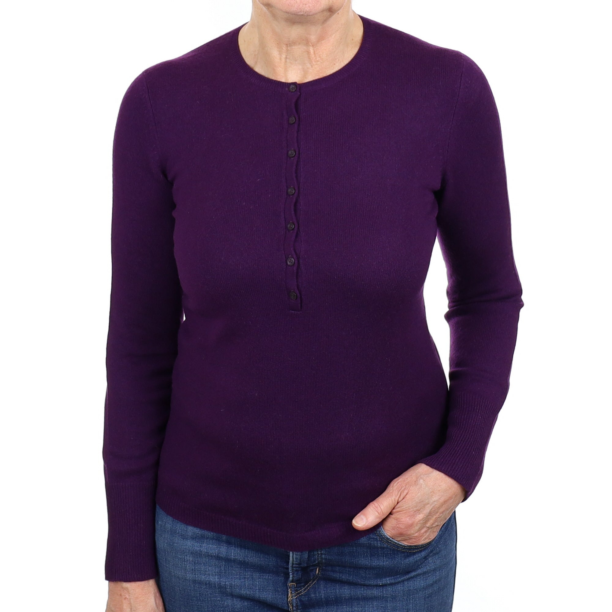 Iris Purple Cashmere Buttoned Crew Neck Jumper Medium