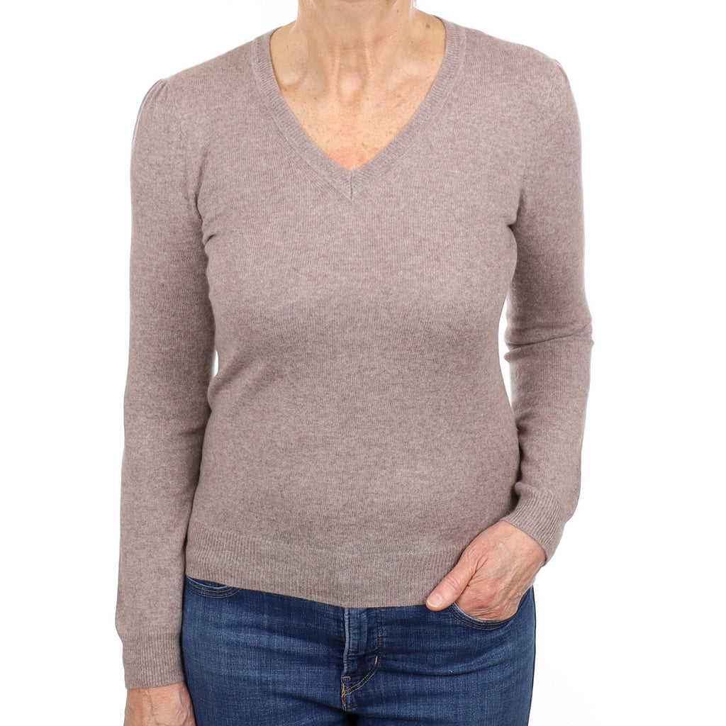 Taupe Brown Cashmere V Neck Jumper Medium