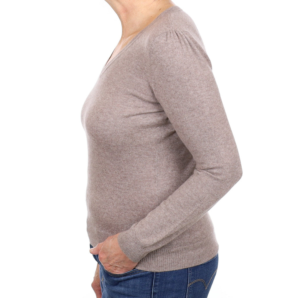 Taupe Brown Cashmere V Neck Jumper Medium
