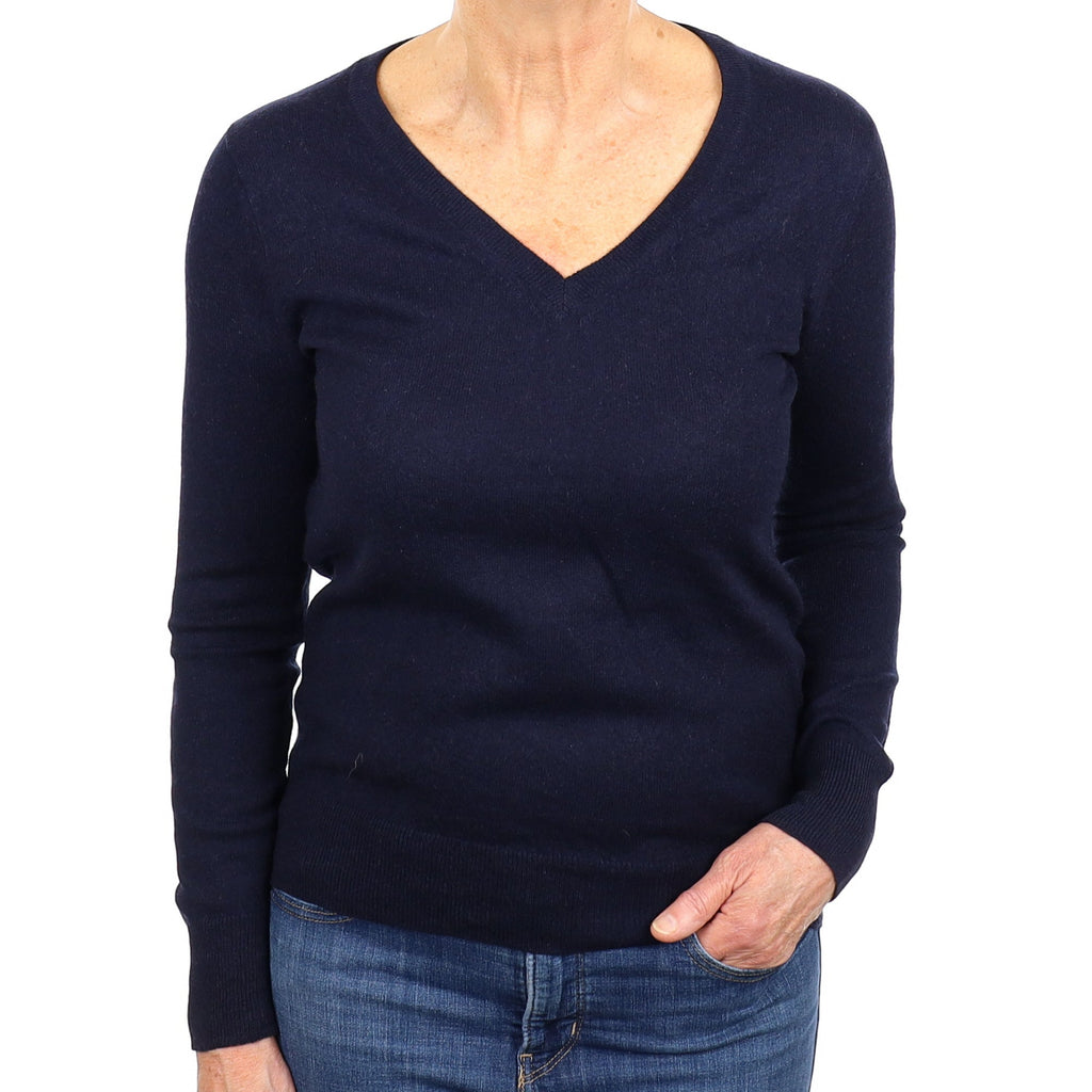 Navy Blue Cashmere V Neck Jumper Medium
