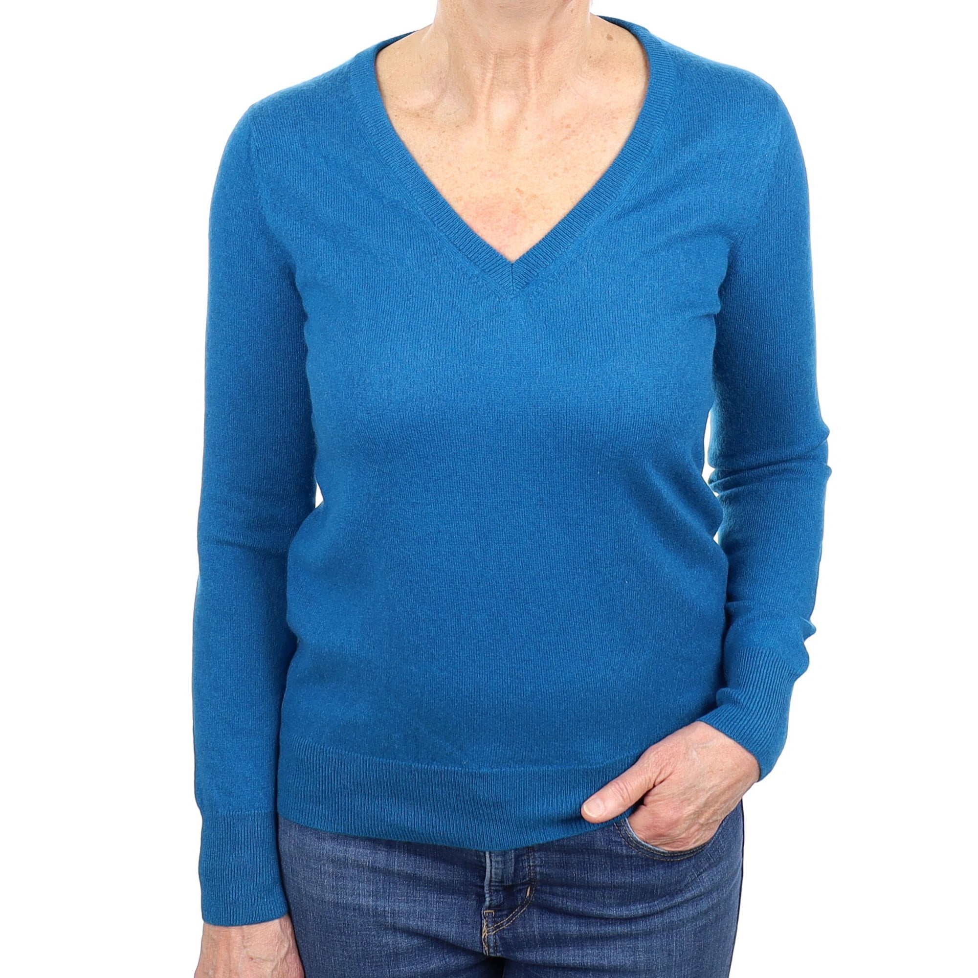 Teal Blue Cashmere V Neck Jumper Medium