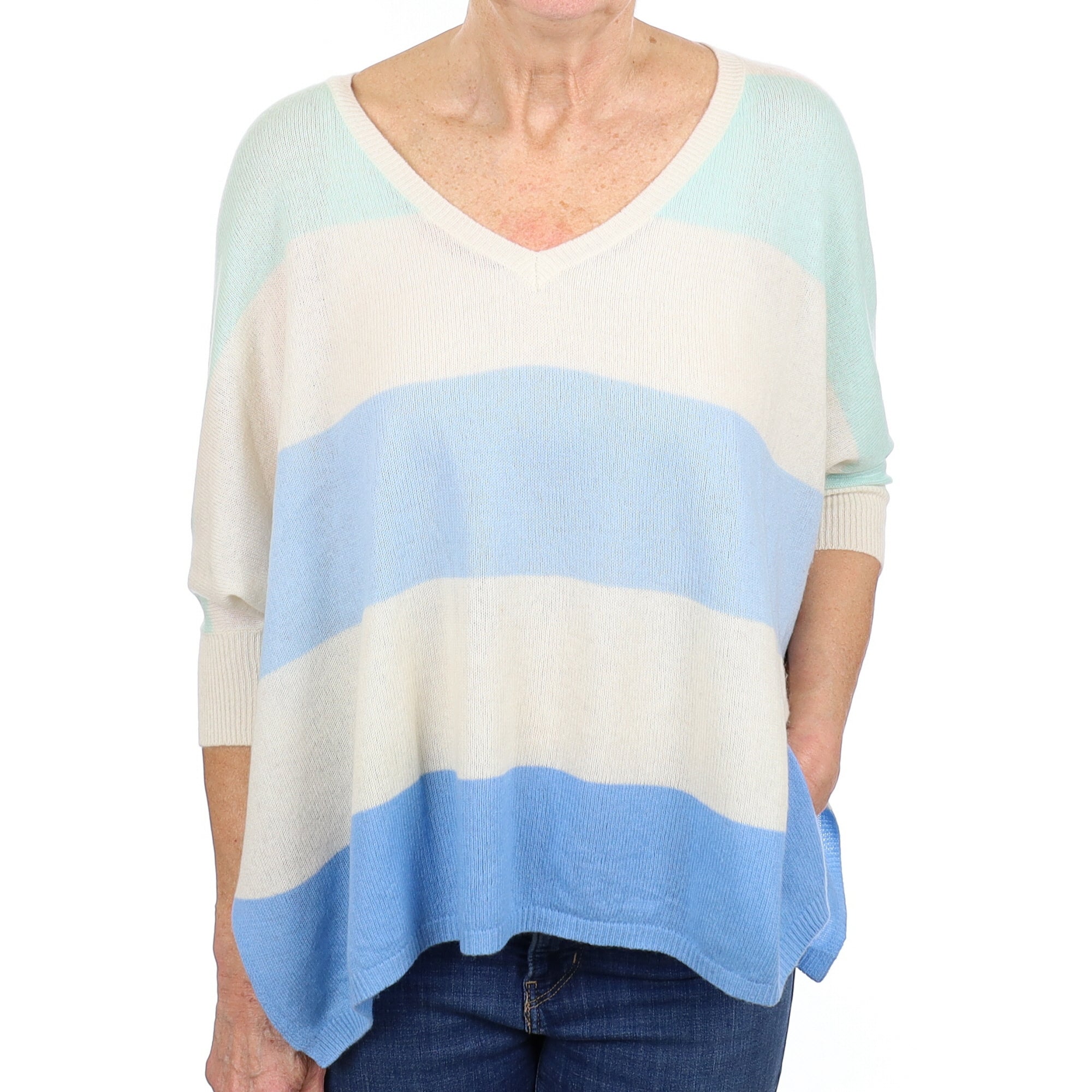 Cream and Blue Striped Cashmere V Neck Jumper Medium