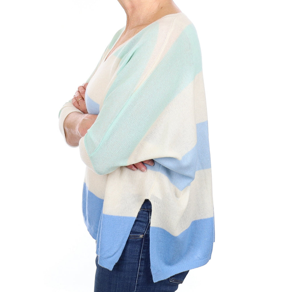 Cream and Blue Striped Cashmere V Neck Jumper Medium