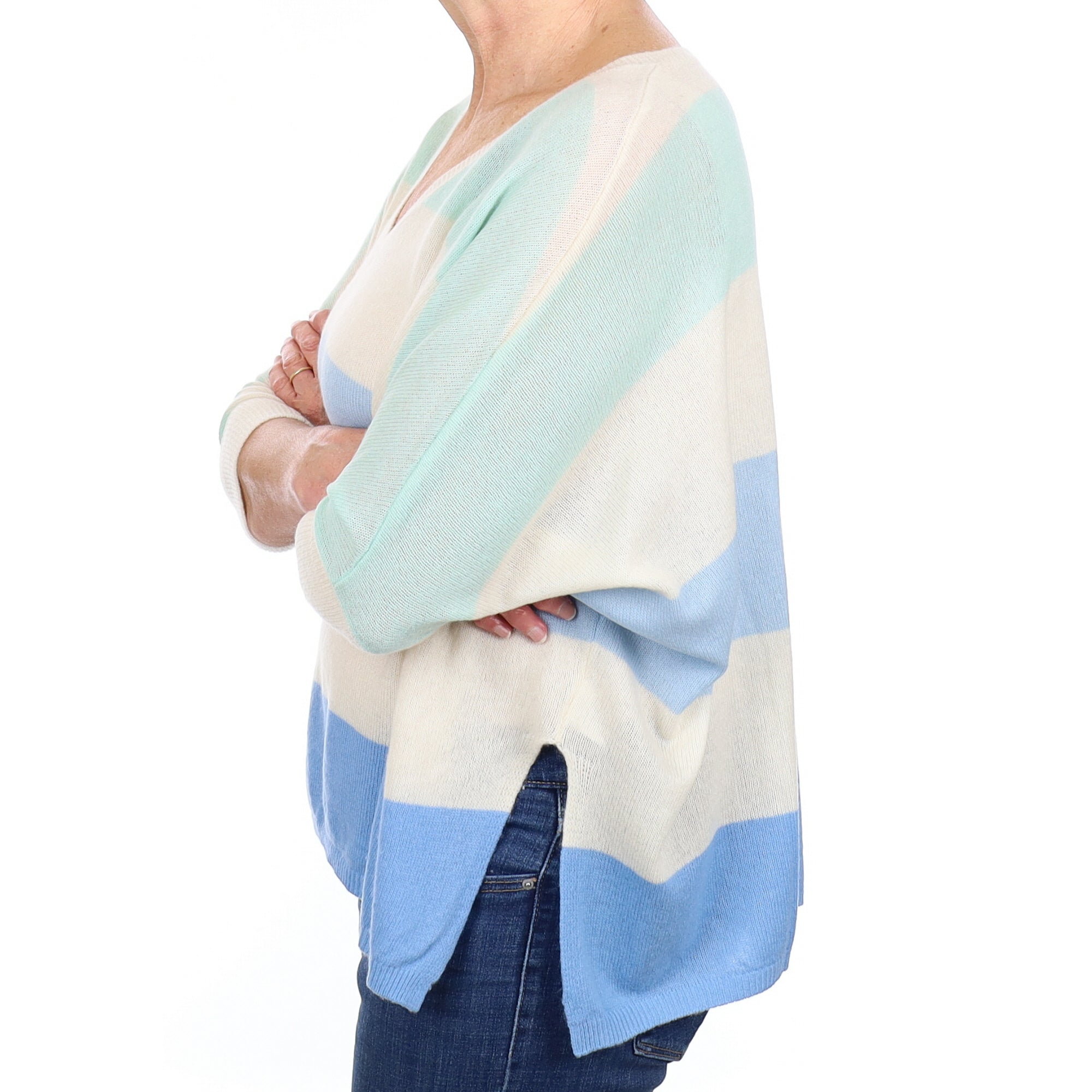 Cream and Blue Striped Cashmere V Neck Jumper Medium