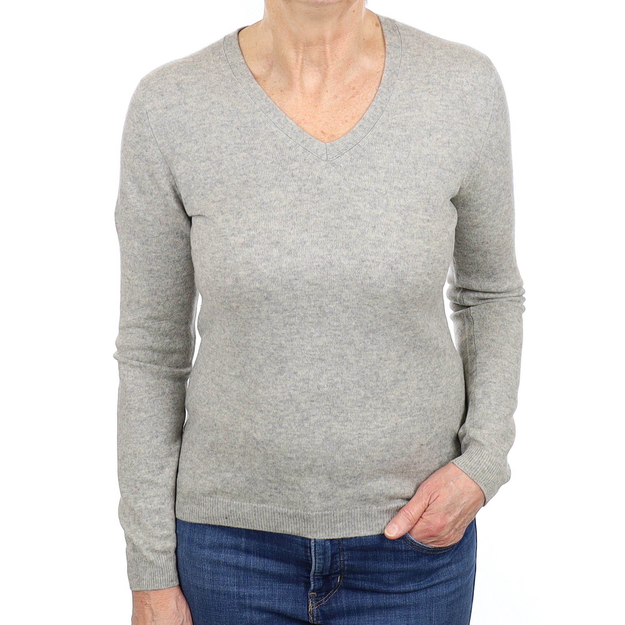 Ash Grey Cashmere V Neck Jumper Medium