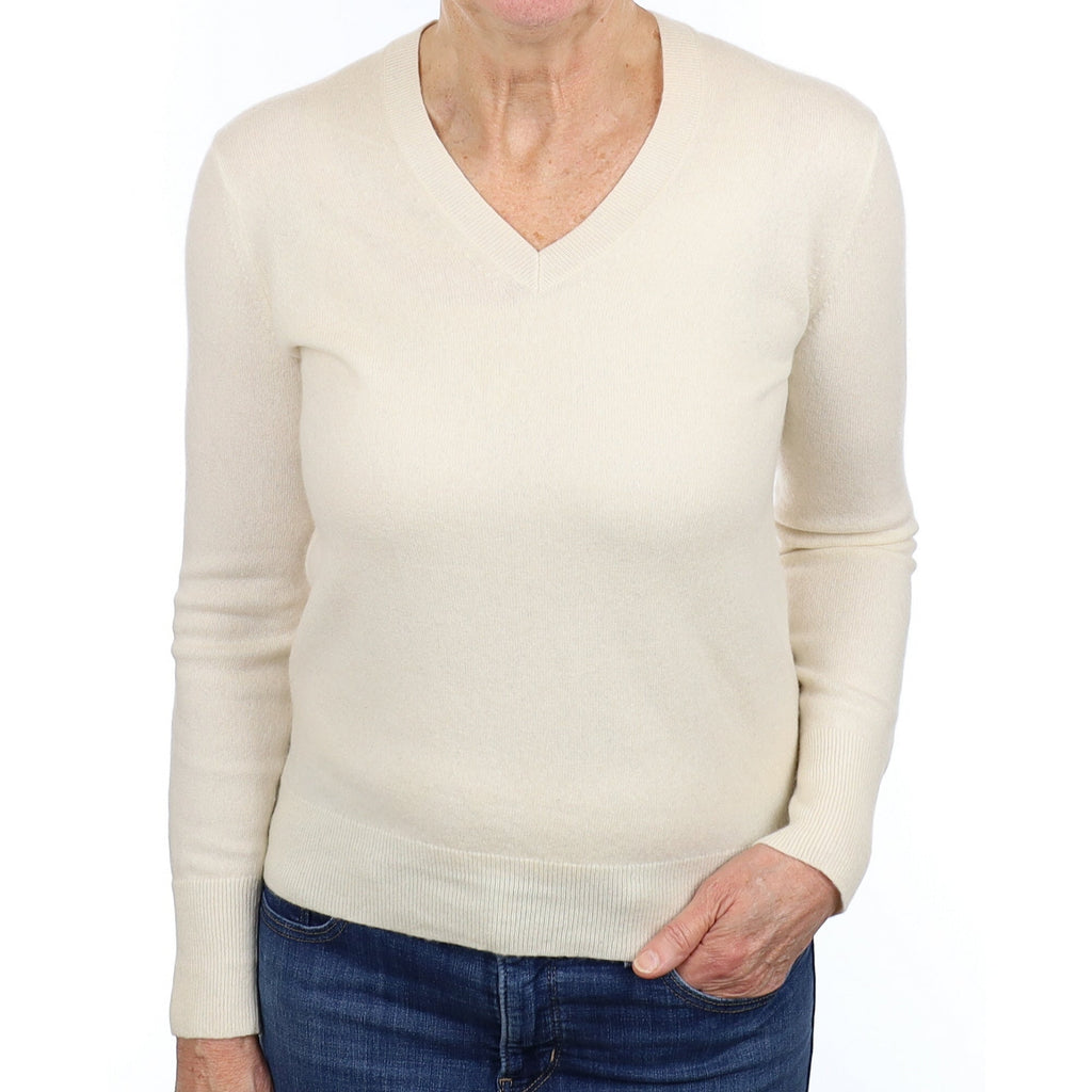 Vanilla Cream Cashmere V Neck Jumper Medium