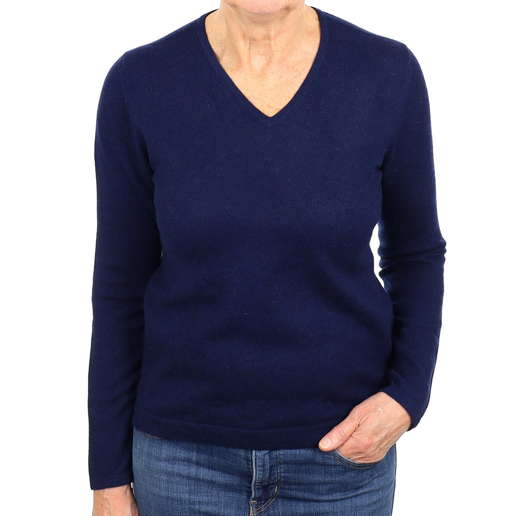 Navy Blue Cashmere V Neck Jumper Medium