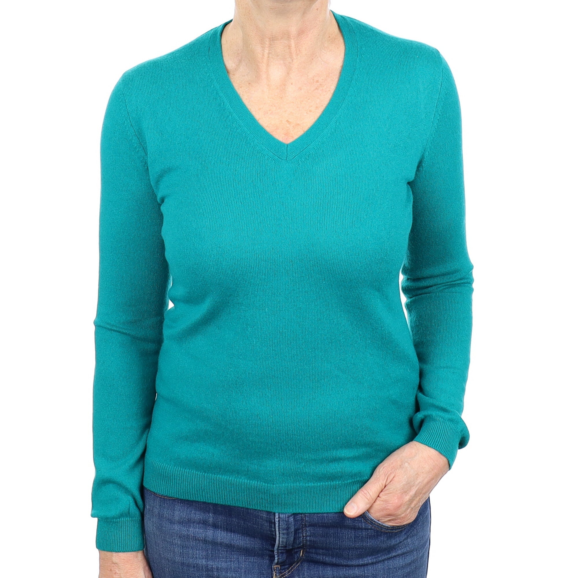 Cyan Green Cashmere V Neck Jumper Medium