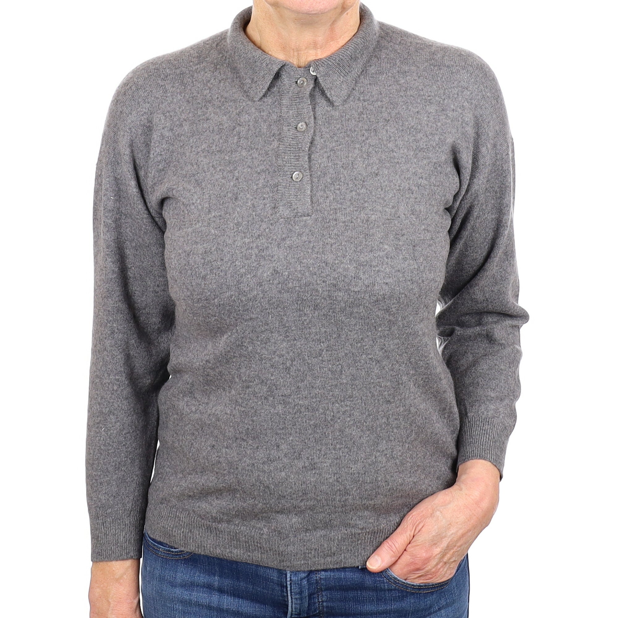 Scottish Ash Grey Cashmere Quarter Button V Neck Jumper Medium