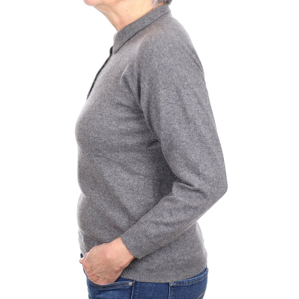 Scottish Ash Grey Cashmere Quarter Button V Neck Jumper Medium