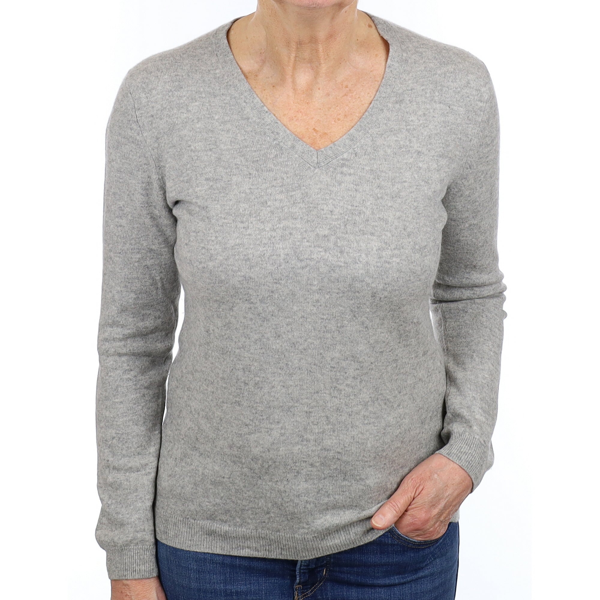 Smoke Grey Cashmere V Neck Jumper Medium