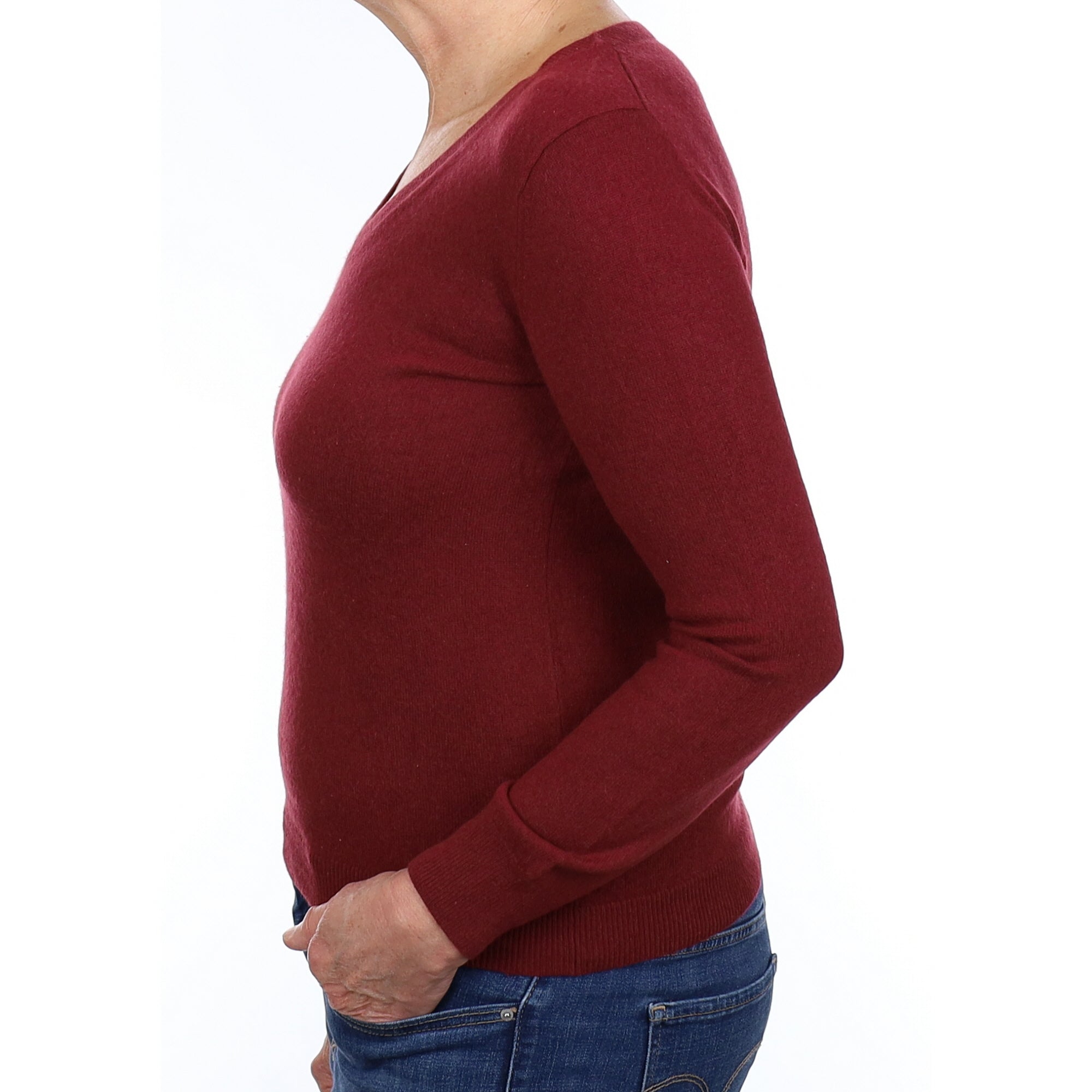 Wine Red Cashmere V Neck Jumper Medium