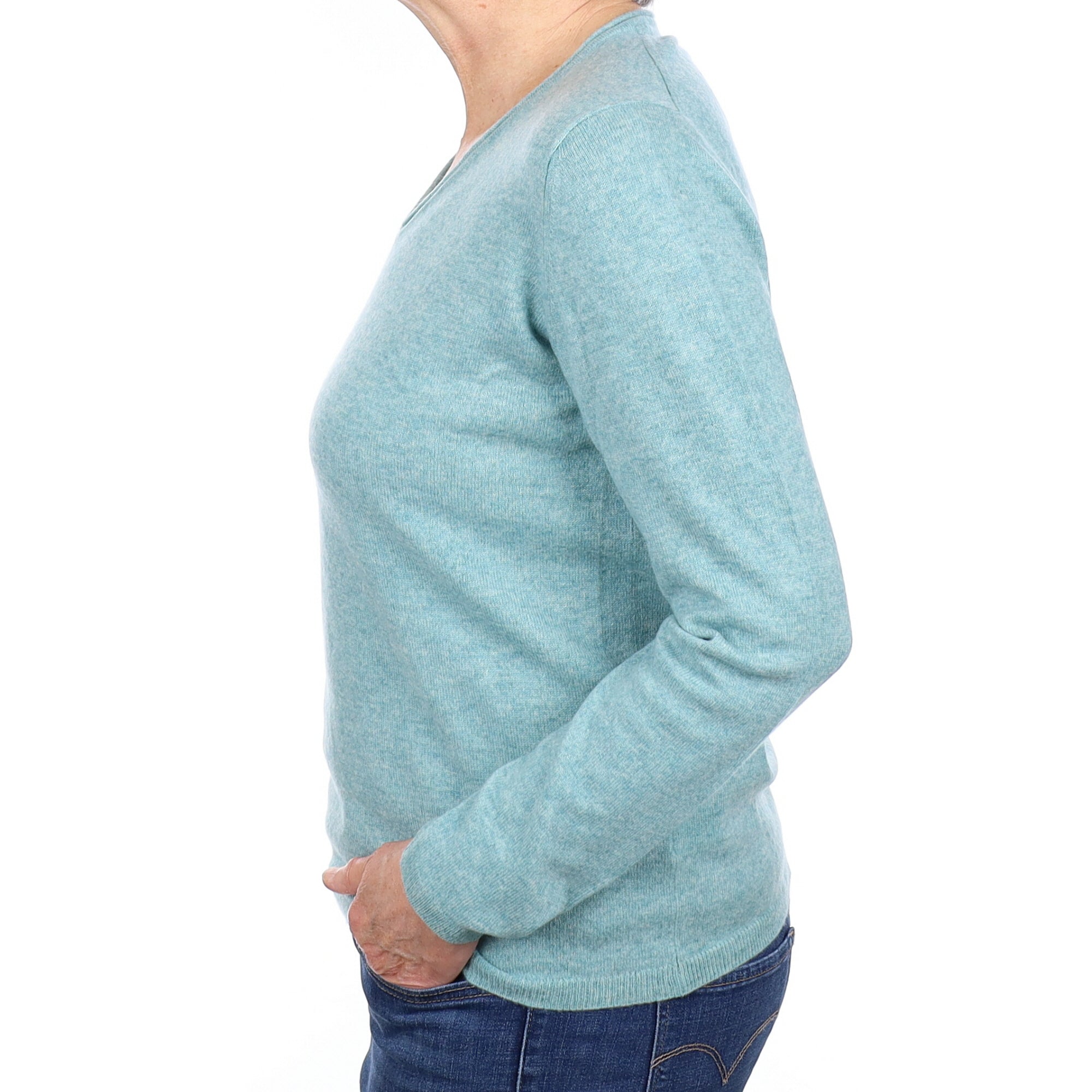 Aqua Marl Cashmere V Neck Jumper Medium