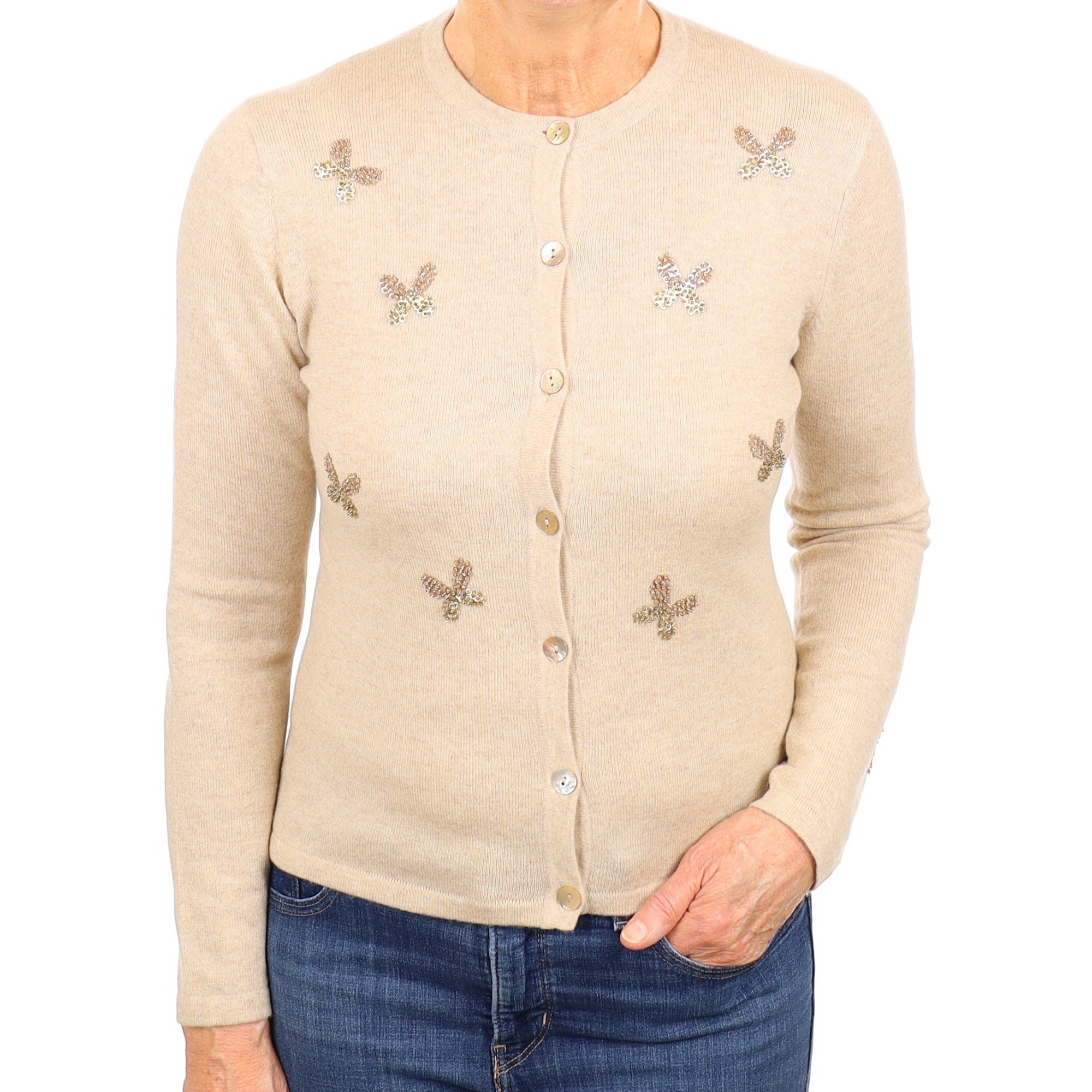 Oatmeal Beaded Butterfly Detail Cashmere Crew Neck Cardigan Medium