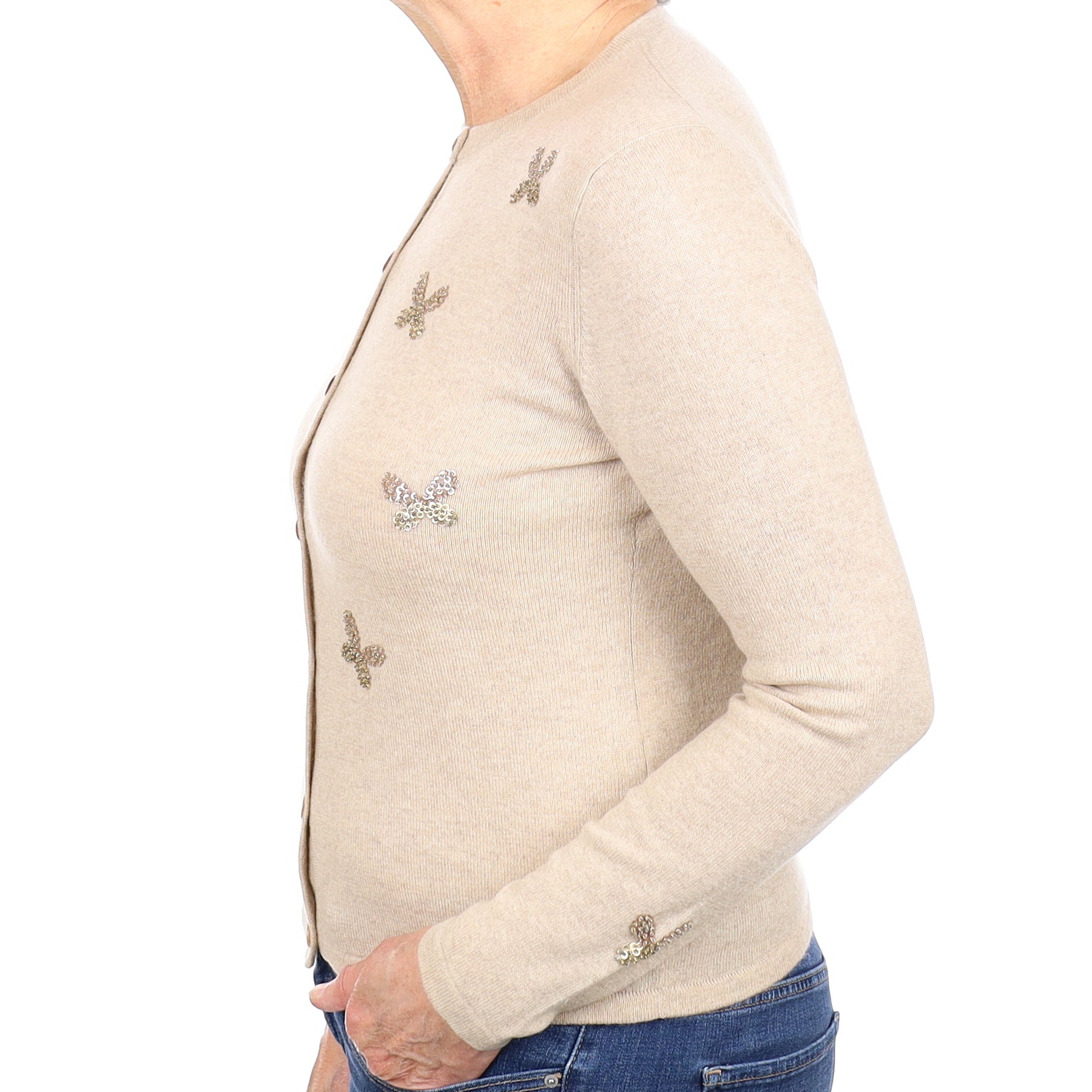 Oatmeal Beaded Butterfly Detail Cashmere Crew Neck Cardigan Medium